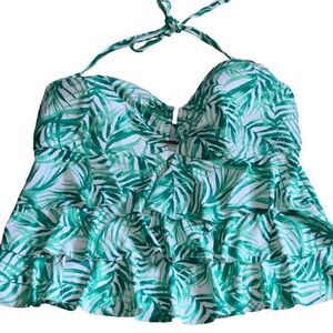 Catalina White Green Leaf Print Tiered Ruffle Tankini Top Size 2X (18W-20W)